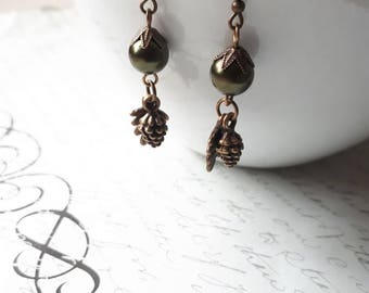 Pine cone and leaf charms pearl earrings in antique brass