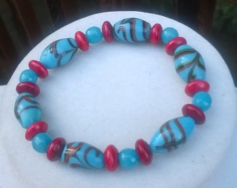 Vintage Aqua and Red Striped Bracelet/Vintage Aqua Stretch Bracelet/Vintage Aqua Bracelet