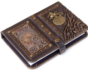 Steampunk leather journal with bee and clock, personalized leather notebook, writing journal, steampunk, journals with lock