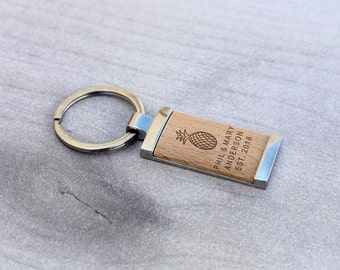 Personalized Key chain, Custom Key chain, Custom Wood Key chain Engraved Wood Key Chain, Newlywed Gifts, Housewarming Gifts, Silver keychain