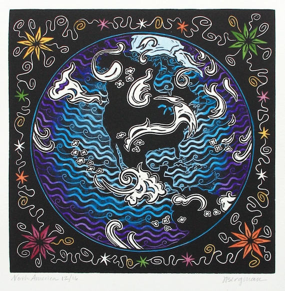 Items similar to North America, linocut with watercolor on Etsy