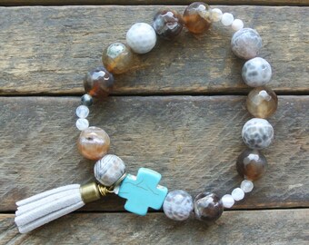 Taupe Marbled Turqouise Cross Beaded Bracelet with Tassel / Stone Cross / Gift for Woman