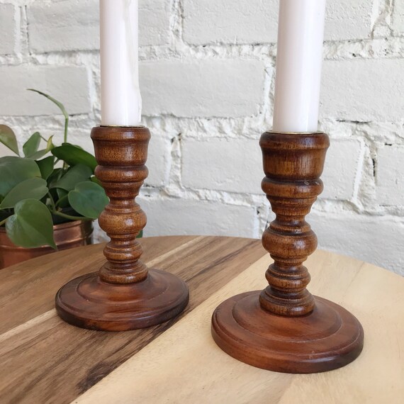 Vintage Wooden Candle Holders Boho Stick Pair
