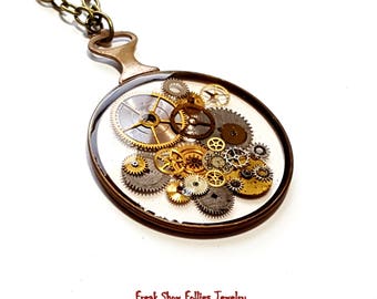 antique optical lens steampunk necklace with watch gears