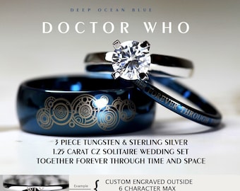 BLUE Doctor Who His 8mm Tungsten and Hers 4mm 925 Sterling Silver 1.25 Carat Solitaire CZ Wedding Ring Set, Custom Engraved