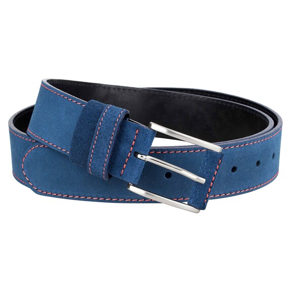 Suede leather Mens belt Blue Navy Wide jeans belt Casual belt