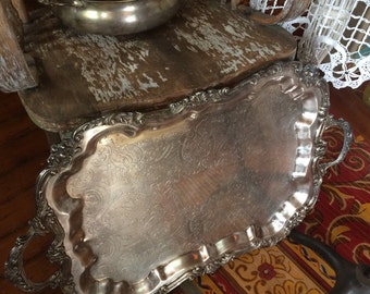 Antique Silver Platted Serving Tray, Heavy Patina, First Picture Only