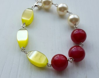 champagne breakfast bracelet - vintage lucite and silverplated brass - pearl, cranberry, lime green - moonglow beads, colorblock