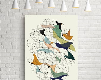 Mid century modern art, mid century modern, modern print, wall decor, art prints, modern art, mid century, print, birds, birds art, giclee