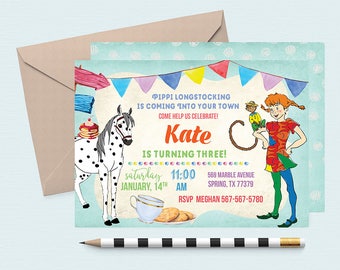Pippi Langstrumpf Geburtstagseinladung, Pippi-Partei "," Pippi Geburtstag "," Pippi-Einladungen "," Pippi Geburtstagseinladungen, Pippi Longstocking,