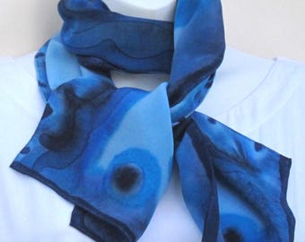 Blue scarf, hand painted silk. Blue and black painted silk neck scarf. Handpainted small blue and black silk scarf.