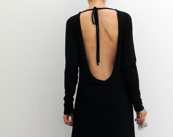 backless black dress, extra long sleeves, deep open back, jersey