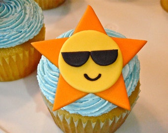 Sun wearing Sunglasses Edible Fondant Cupcake Topper Decoration - Perfect for Summers, Beach or Luau Parties