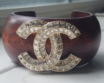 CC Brooch Repurposed into Open Wood Cuff Bracelet