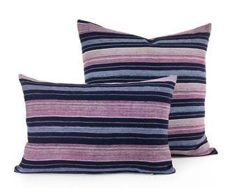 18 X 12 Indigo & Pink Raw Silk Striped Pillow Cover