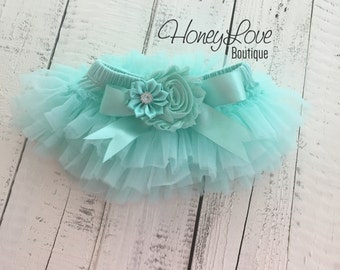 Mint/Aqua and Lavender Purple Embellished tutu skirt bloomers and headband