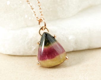 Natural Tri-Colour Tourmaline Necklace - Green, Pink, and Yellow Tourmaline - Teardrop Pendant