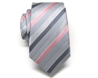 Mens Ties. Silver Gray Dusty Rose Pink Stripe Neckties. Wedding Neckties. Groomsmen's Ties