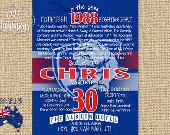 Printable Western Bulldogs Birthday Invitation - AFL - Australian Rules Football - Footy Party - Aussie Rules - Doggies - Footscray - 1988