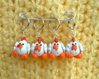 Chickens knitting or crochet stitch markers - Set of 4 - Polymer Clay