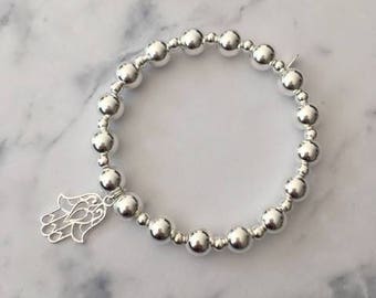 Sterling Silver chunky stretch bracelet with Hamsa Hand charm