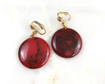 Vintage Red Marble Bakelite Clip on Earrings