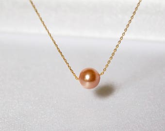 Gold Peach Single Pearl Necklace//Floating Pearl Necklace//Elegant Pearl Necklace//Simple Pearl Necklace//Single Pearl Necklace// Dainty