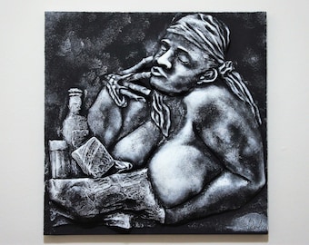 Bas relief 3d wall sculpture "HALVA",white, black 23,5 x 23,5 In, handmade