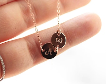 Rose Gold Initial Necklace, Personalized Necklace, TWO Hand Stamped Initial Charms, Mother's Necklace, Bridesmaids Necklace
