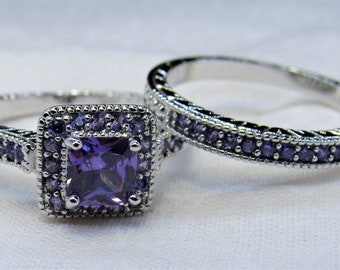 10K Stamped, Amethyst Zircon Engagement Wedding Ring Set, Sizes 6-10