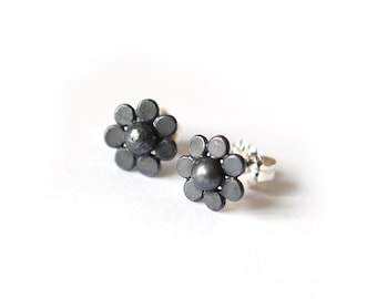 Recycled Sterling Silver Daisy Flower Stud Earrings oxidized black
