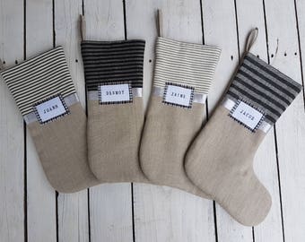 Vintage inspired stocking, ticking stocking, christmas stocking, linen stocking, burlap stocking, striped stocking