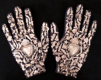 Ex Voto Wood Hand, Healing Hand, Mexican Milagro Charms, Sacred Heart, Right or Left Hand