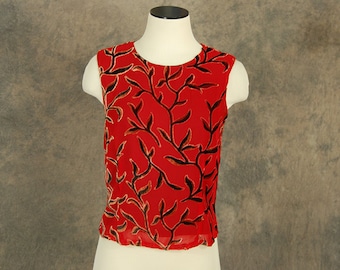vintage 90s Burnout Velvet Shirt - 1990s Red Silk Chiffon and Velvet Blouse Sz S