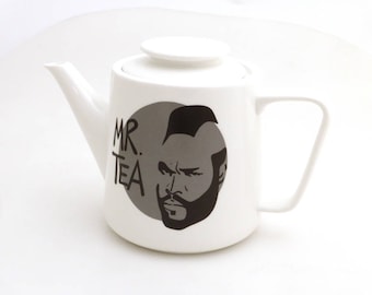Mr. T Teapot, Mr. Tea pot, Mr. Tea teapot with grey circle, large porcelain teapot, gift for tea drinker, have some tea fool