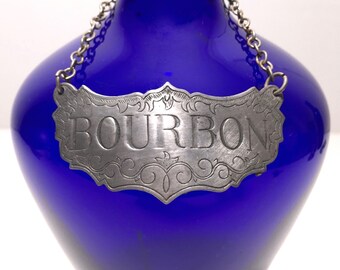 Vintage Bourbon Decanter Label / Newport Style Gin Liquor Tag by Stieff Pewter, Man Cave Bar Decor