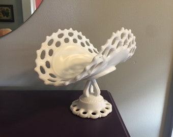 Westmoreland Milk Glass Pedestal Banana Boat Compote Boat with Doric Lacing