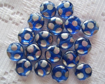 18 Royal Blue & Silver Dotted Czech Glass Round Coin Beads 11mm