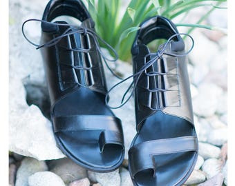 Leather Sandals, Leather Shoes, Womens Sandals, Black Sandals, Summer Sandals, Black Shoes, Ladies Shoes, Lace Shoes - SH0837LD
