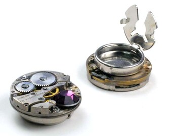 Steampunk Antique montre mouvement n Améthyste Cristal manchette couvre-boutons