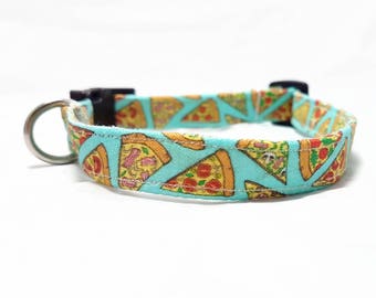 Dog Collar - "Pizza" - Fast Food/Foodie Dog Collar - Turquoise/Light Blue - Fun/Funny/Cool Dog Collars - Soft/Durable Dog Collar - Cotton