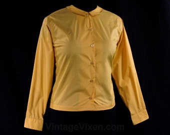 Size 10 Goldenrod Yellow Cotton Shirt - 1960s Tailored Top - Long Cuffed Sleeves - Classic Mid Century Blouse - 60s Deadstock - 44617