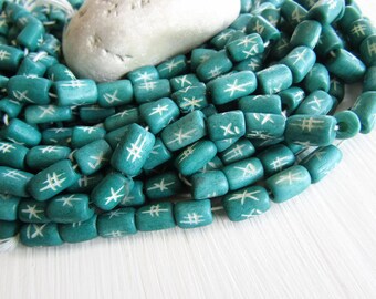 teal tube bone beads, green blue with carved designs, natural Irregular look, boho exotic supplies 8 to 11mm long (16 beads) 6db14-6