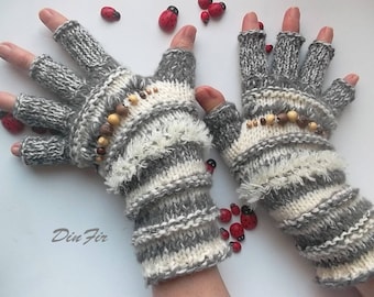 Women Size M Ready To Ship OOAK Half Fingers Wool Mohair Accessories Mittens Wrist Warmers Gloves Winter Hand Knitted Striped Arm Gray 114