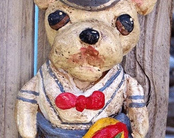 Folk Art Vintage French Bulldog Boy Sailor Doll Ornament