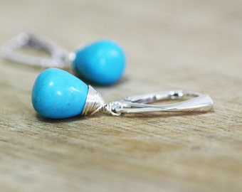 Natural Arizona Sleeping Beauty Turquoise Wire Wrapped Earrings on Lever Backs Solid Sterling Silver, December Birthstone, 11th Anniversary