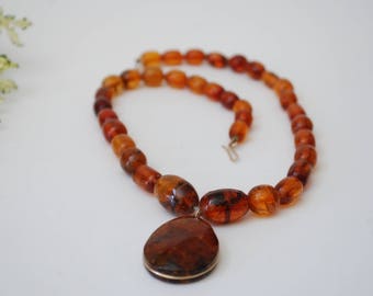 Vintage Faux Amber Necklace - Beaded - 1970's