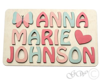 Personalized 3 Name Puzzle with Butterfy and Heart, Puzzle Name, Personaziled Toy, Personalized Baby Name, wooden custom name puzzle