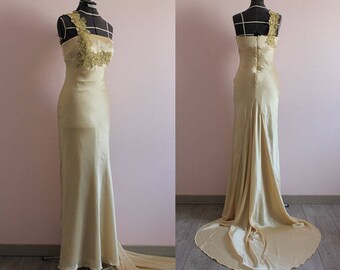 Champagne silk satin evening dress with train/ ball gown/ 100% silk/ satin wedding dress/ Robe de soirée/ robe de cocktail/ SAMPLE SALE