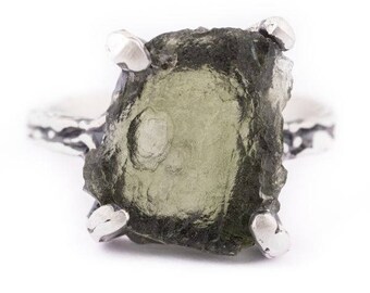 Organic green moldavite sterling silver ring, handmade